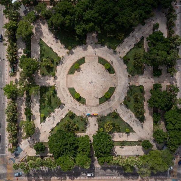 Aerial view of Plaza Grande, the downtown of Merida, Mexico in the Yucatan Peninsula.